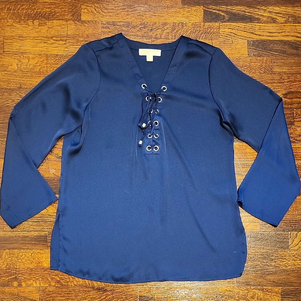 MICHAEL Michael Kors Tunic Deep Navy Blue Long Sleeve Satin Lace-Up Blouse Sz 6